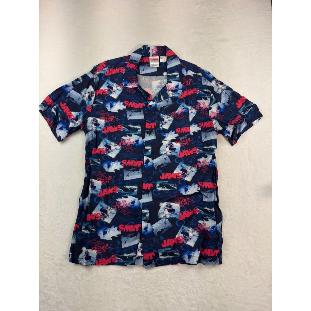 Jaws Movie Graphic Button Down Shirt Mens Medium Blue Red Shark All Over Print